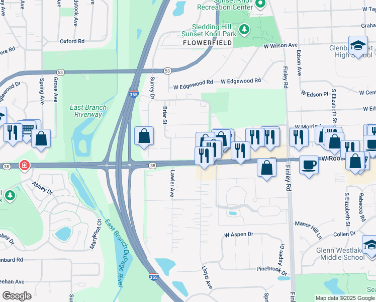 map of restaurants, bars, coffee shops, grocery stores, and more near 37 Briar Street in Glen Ellyn