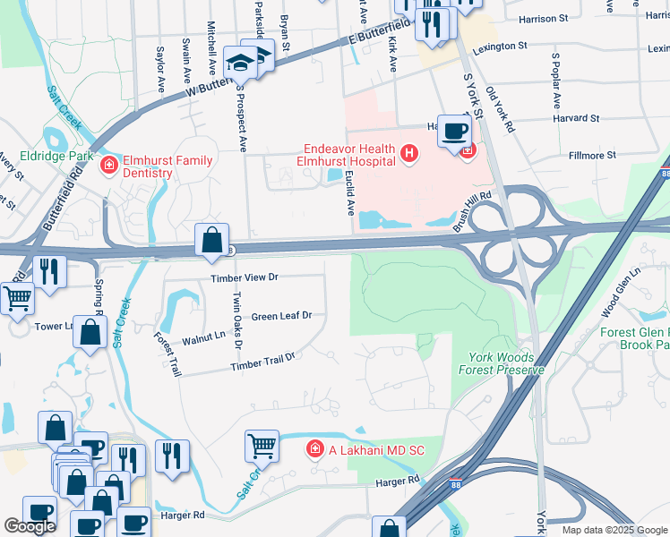 map of restaurants, bars, coffee shops, grocery stores, and more near 61 Woodland Drive in Oak Brook