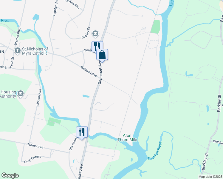 map of restaurants, bars, coffee shops, grocery stores, and more near 18R Railroad Avenue in Taunton
