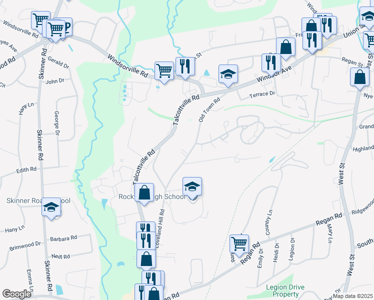 map of restaurants, bars, coffee shops, grocery stores, and more near 55 Old Town Road in Vernon