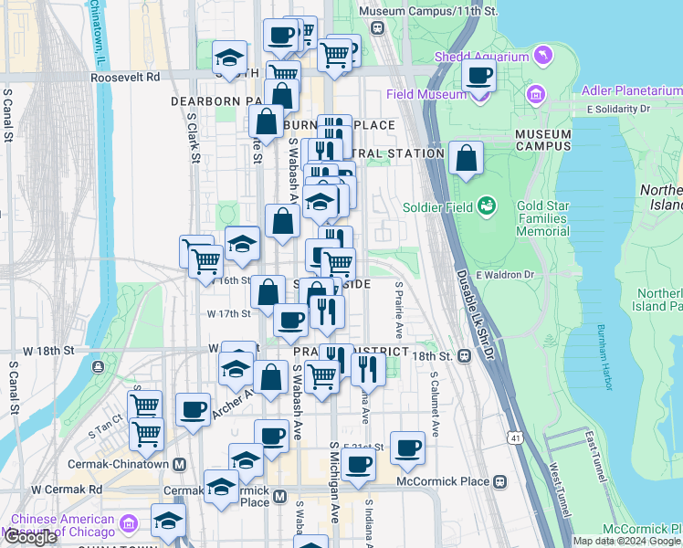 map of restaurants, bars, coffee shops, grocery stores, and more near in Chicago