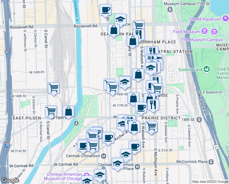 map of restaurants, bars, coffee shops, grocery stores, and more near 1560 South Clark Street in Chicago