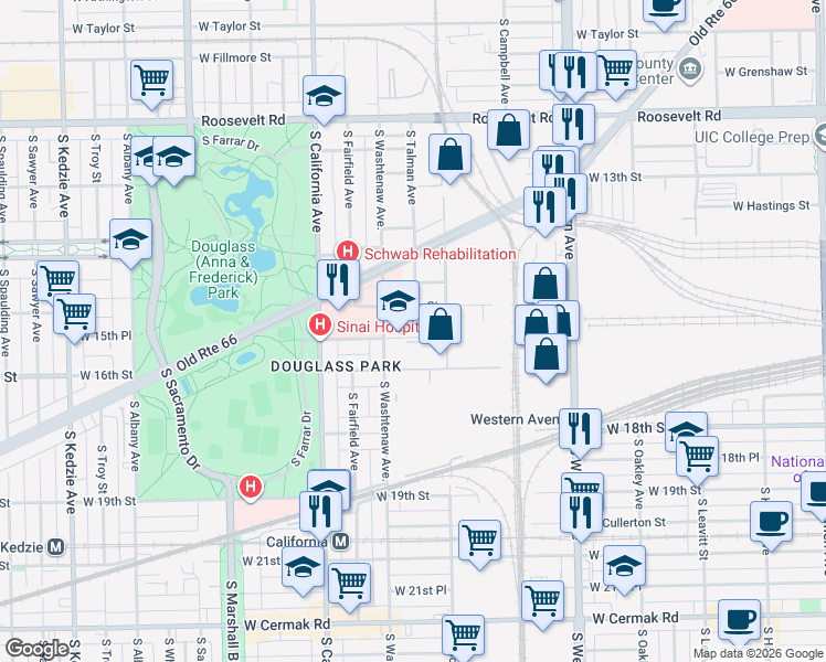 map of restaurants, bars, coffee shops, grocery stores, and more near 2612 West 15th Place in Chicago
