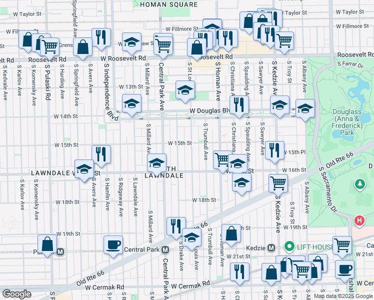 map of restaurants, bars, coffee shops, grocery stores, and more near 1509 South Saint Louis Avenue in Chicago