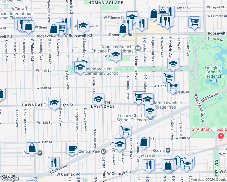 map of restaurants, bars, coffee shops, grocery stores, and more near 1503 South Drake Avenue in Chicago
