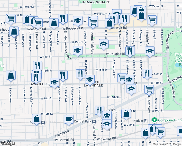 map of restaurants, bars, coffee shops, grocery stores, and more near 1508 South Central Park Avenue in Chicago