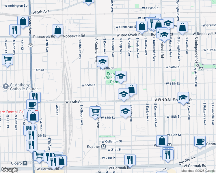 map of restaurants, bars, coffee shops, grocery stores, and more near 4325 West 15th Street in Chicago