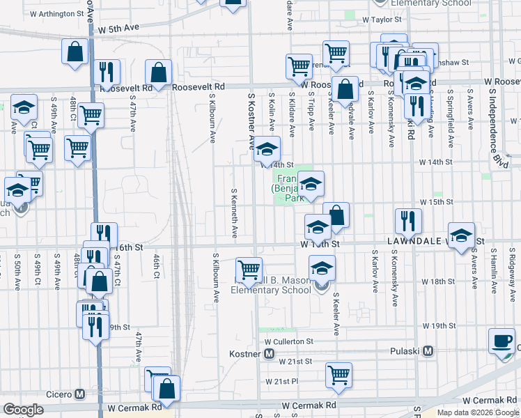 map of restaurants, bars, coffee shops, grocery stores, and more near 1500 South Kostner Avenue in Chicago