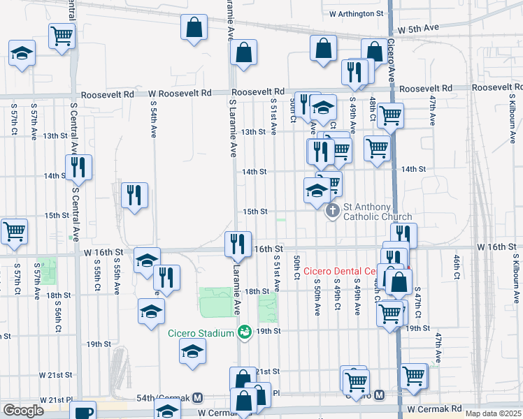 map of restaurants, bars, coffee shops, grocery stores, and more near 1443 South 51st Court in Cicero
