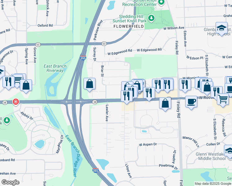 map of restaurants, bars, coffee shops, grocery stores, and more near 19 Briar Street in Glen Ellyn