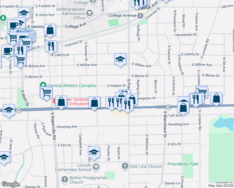 map of restaurants, bars, coffee shops, grocery stores, and more near 829 East Evergreen Street in Wheaton