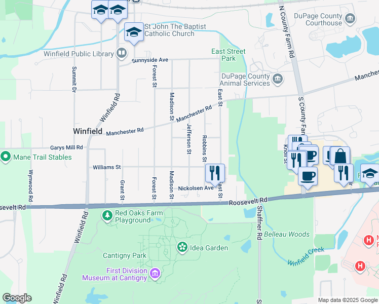 map of restaurants, bars, coffee shops, grocery stores, and more near 0S617 Jefferson Street in Winfield
