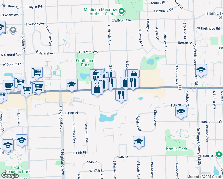 map of restaurants, bars, coffee shops, grocery stores, and more near 491 East Roosevelt Road in Lombard