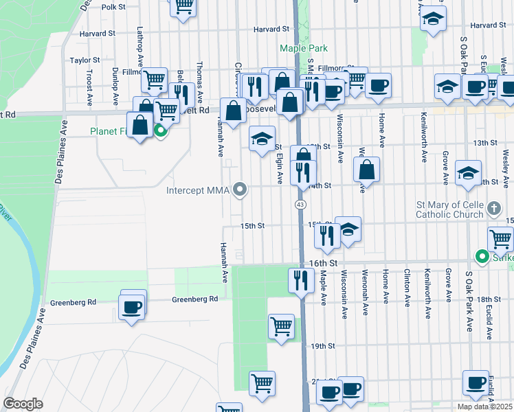 map of restaurants, bars, coffee shops, grocery stores, and more near 1425 Marengo Avenue in Forest Park