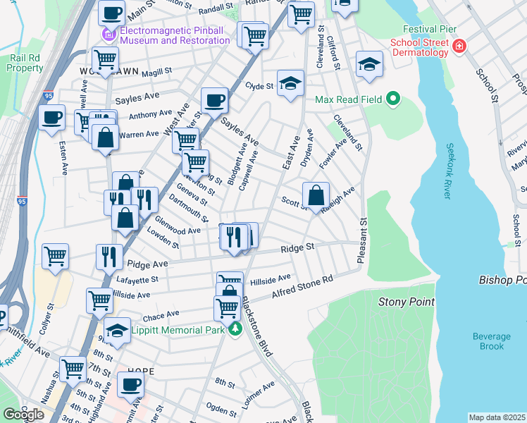 map of restaurants, bars, coffee shops, grocery stores, and more near 641 East Avenue in Pawtucket