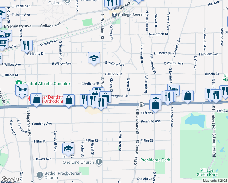 map of restaurants, bars, coffee shops, grocery stores, and more near 523 Kipling Court in Wheaton