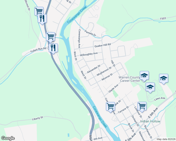 map of restaurants, bars, coffee shops, grocery stores, and more near 901 Conewango Avenue in Warren