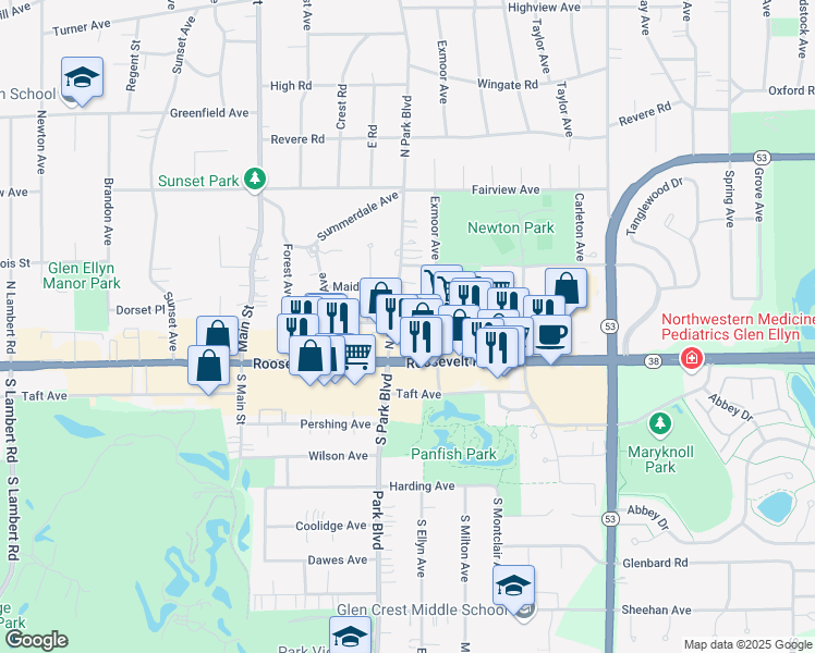 map of restaurants, bars, coffee shops, grocery stores, and more near 19 North Park Boulevard in Glen Ellyn