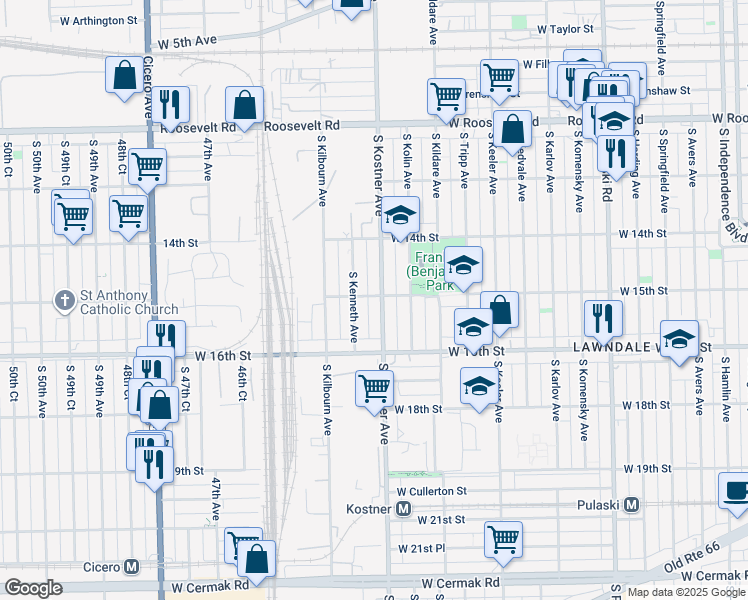 map of restaurants, bars, coffee shops, grocery stores, and more near 1500 South Kostner Avenue in Chicago