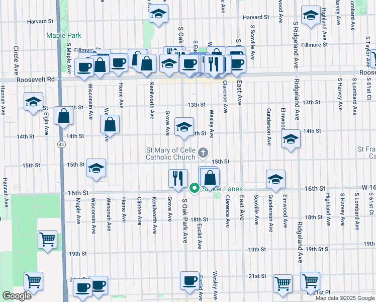 map of restaurants, bars, coffee shops, grocery stores, and more near 1431 Oak Park Avenue in Berwyn