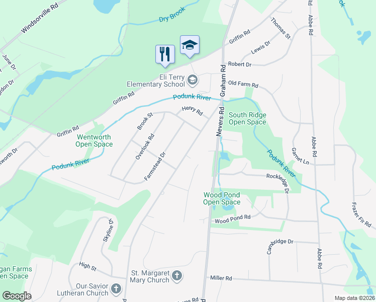 map of restaurants, bars, coffee shops, grocery stores, and more near 545 Graham Road in South Windsor