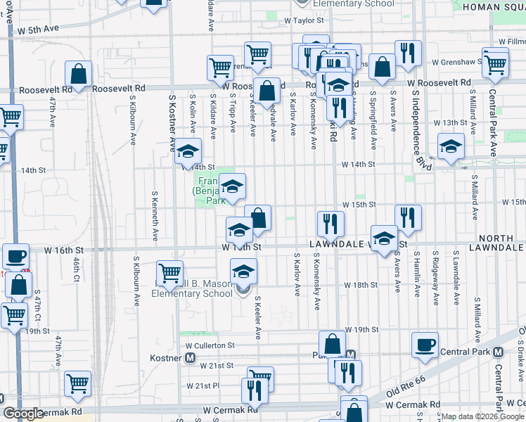 map of restaurants, bars, coffee shops, grocery stores, and more near 1505 South Keeler Avenue in Chicago