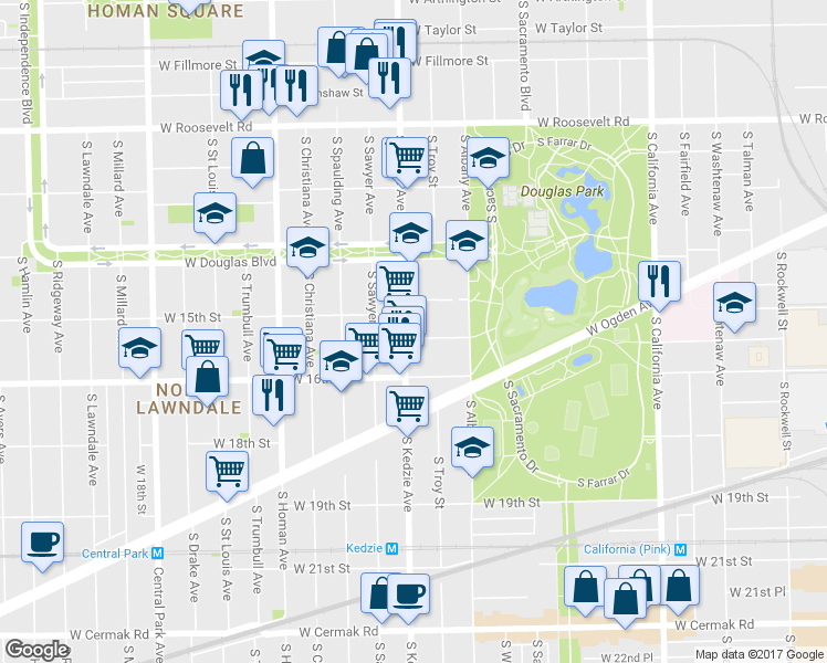 map of restaurants, bars, coffee shops, grocery stores, and more near 1529 S Kedzie Ave in Chicago