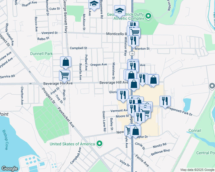 map of restaurants, bars, coffee shops, grocery stores, and more near 5 Gloria Street in Pawtucket