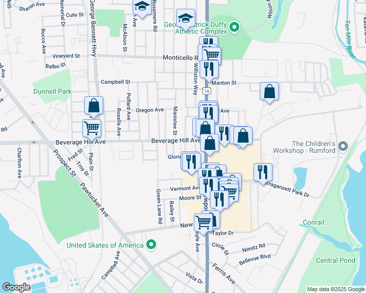 map of restaurants, bars, coffee shops, grocery stores, and more near 11 Jones Avenue in Pawtucket