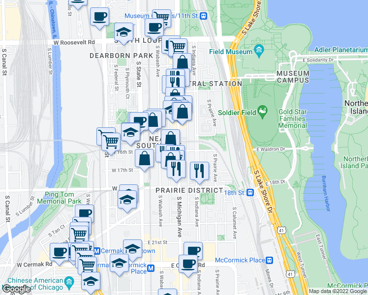 map of restaurants, bars, coffee shops, grocery stores, and more near in Chicago
