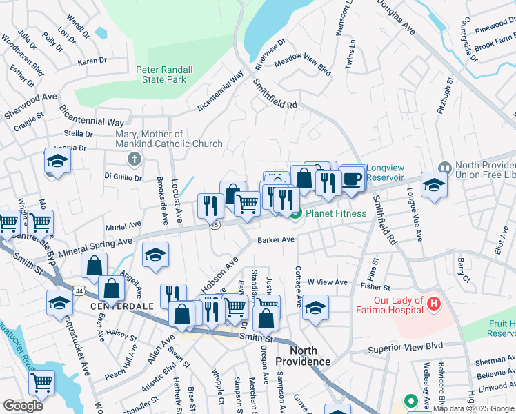 map of restaurants, bars, coffee shops, grocery stores, and more near 1967 Mineral Spring Avenue in North Providence