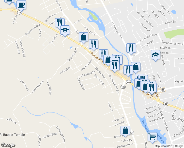 map of restaurants, bars, coffee shops, grocery stores, and more near 10 Chestnut Street in Johnston