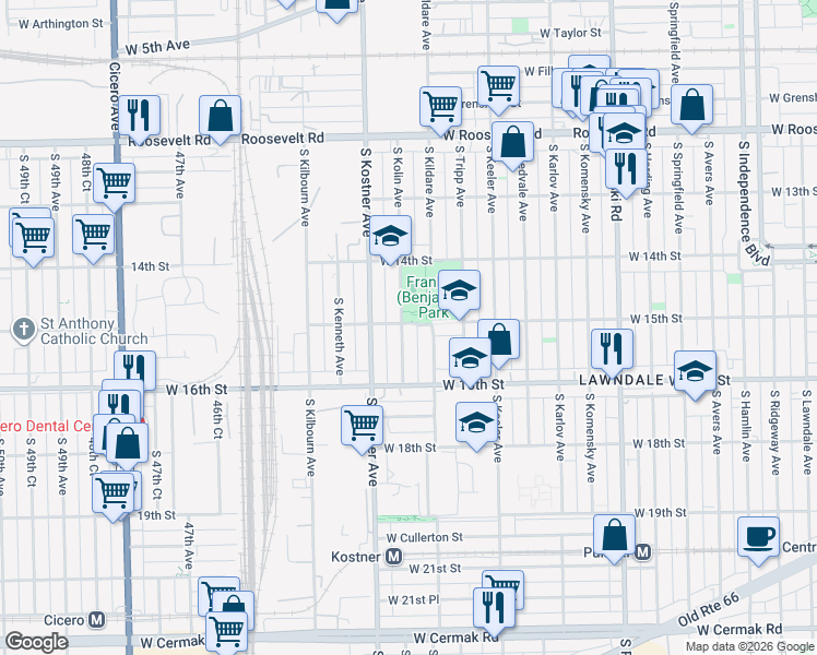 map of restaurants, bars, coffee shops, grocery stores, and more near 4325 West 15th Street in Chicago