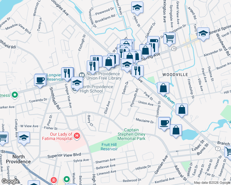 map of restaurants, bars, coffee shops, grocery stores, and more near 87 Barrett Avenue in North Providence