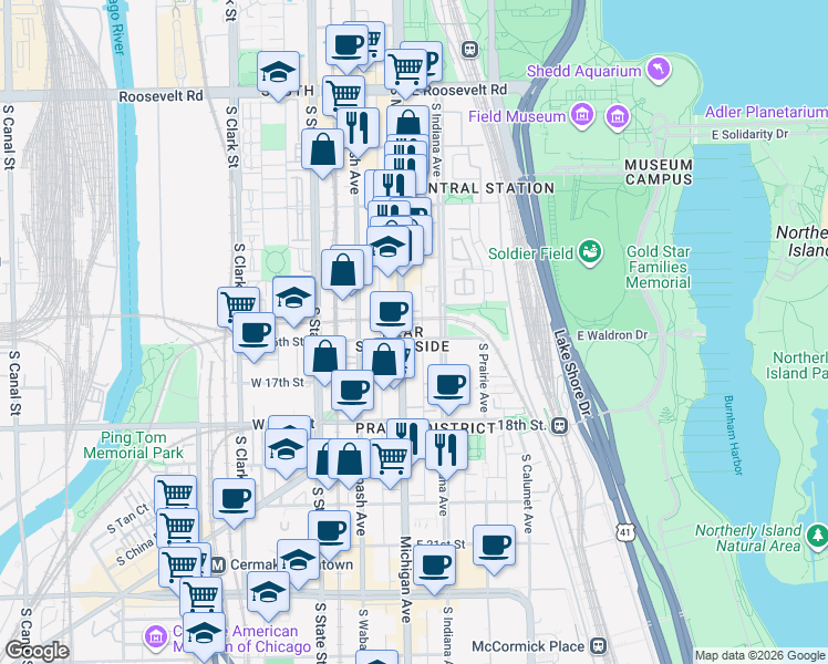map of restaurants, bars, coffee shops, grocery stores, and more near 1601 South Michigan Avenue in Chicago