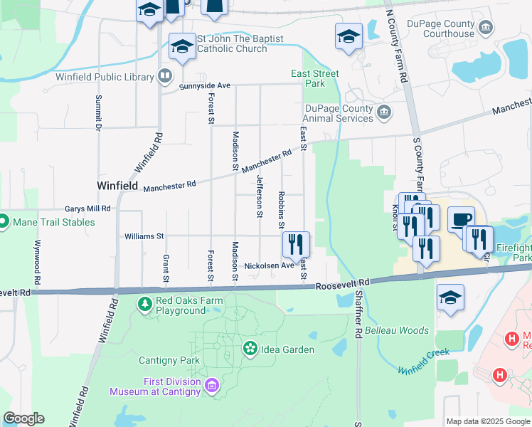 map of restaurants, bars, coffee shops, grocery stores, and more near 0S617 Jefferson Street in Winfield