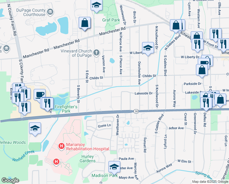 map of restaurants, bars, coffee shops, grocery stores, and more near 605 Polo Drive in Wheaton
