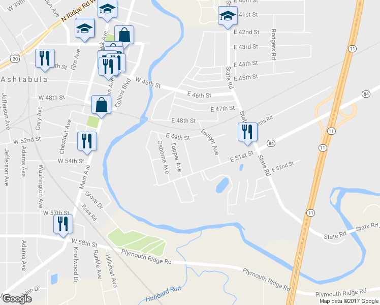 map of restaurants, bars, coffee shops, grocery stores, and more near 5004 Crystal Avenue in Ashtabula
