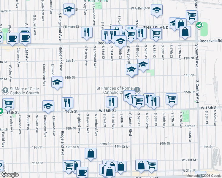 map of restaurants, bars, coffee shops, grocery stores, and more near 1436 South 61st Avenue in Cicero