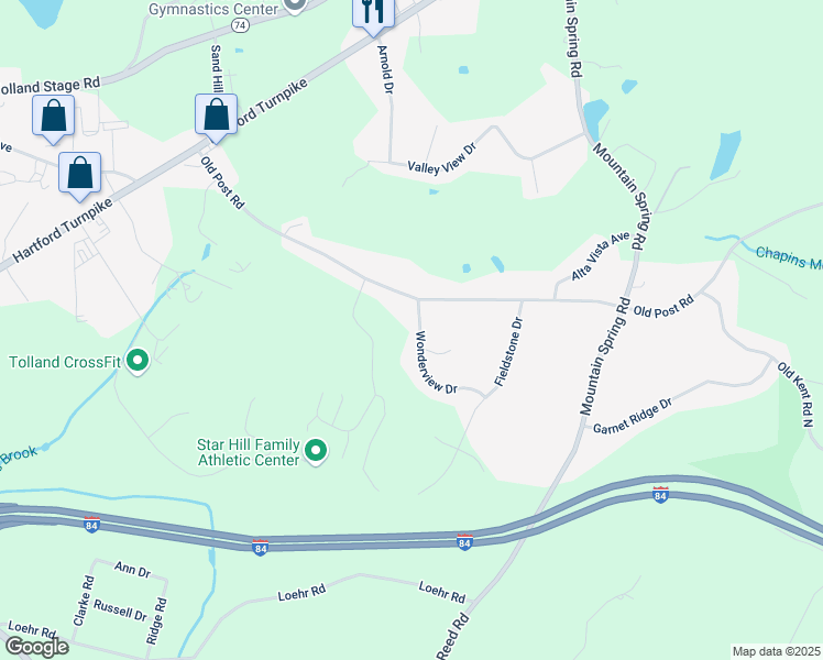 map of restaurants, bars, coffee shops, grocery stores, and more near 16 Wonderview Drive in Tolland