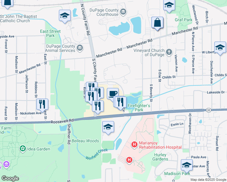 map of restaurants, bars, coffee shops, grocery stores, and more near 501 South County Farm Road in Wheaton