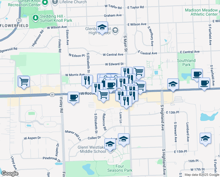 map of restaurants, bars, coffee shops, grocery stores, and more near 54 South Lincoln Street in Lombard