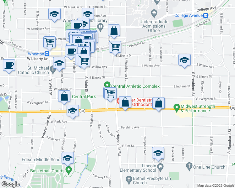 map of restaurants, bars, coffee shops, grocery stores, and more near 519 South Naperville Road in Wheaton