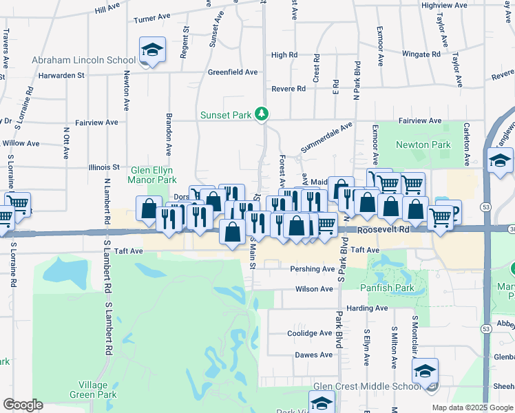 map of restaurants, bars, coffee shops, grocery stores, and more near 25 North Main Street in Glen Ellyn