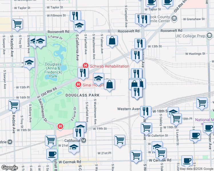 map of restaurants, bars, coffee shops, grocery stores, and more near 2612 West 15th Place in Chicago