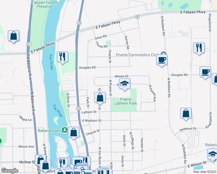 map of restaurants, bars, coffee shops, grocery stores, and more near 330 Ozier Drive in Batavia