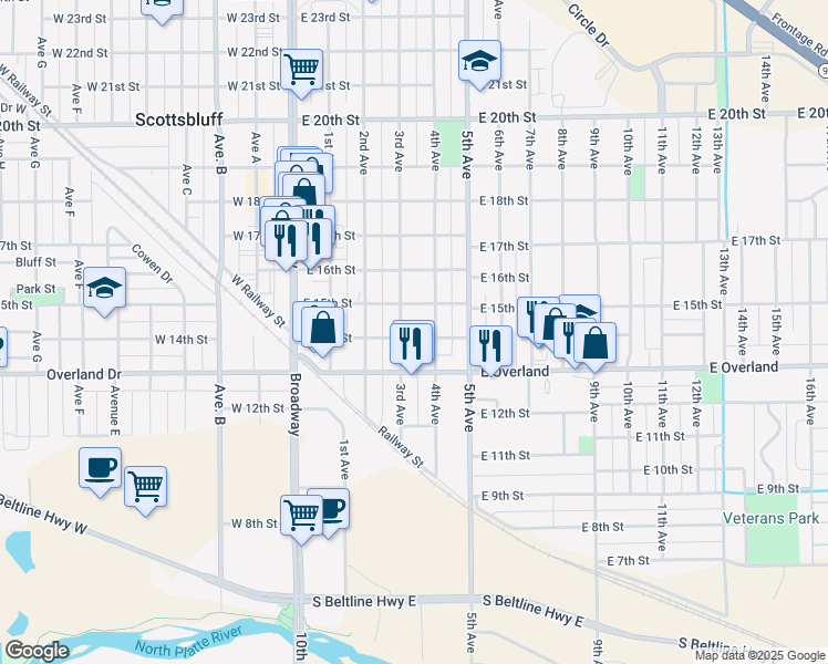 map of restaurants, bars, coffee shops, grocery stores, and more near 309-315 East 14th Street in Scottsbluff