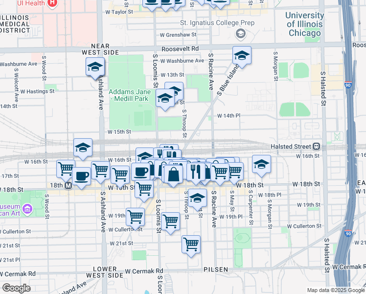 map of restaurants, bars, coffee shops, grocery stores, and more near 1551 South Throop Street in Chicago