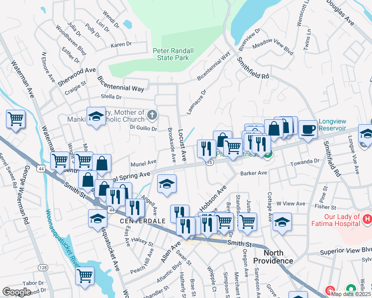 map of restaurants, bars, coffee shops, grocery stores, and more near 19 Bourne Avenue in North Providence