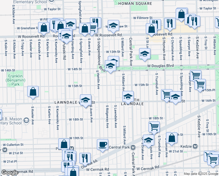 map of restaurants, bars, coffee shops, grocery stores, and more near 1509 South Ridgeway Avenue in Chicago